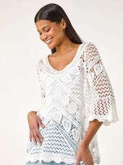 Blanco - Roman Crochet Lace V-Neck Open Knit 100% Cotton Blouses - Imagen 4 de 5