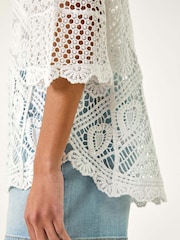 Blanco - Roman Crochet Lace V-Neck Open Knit 100% Cotton Blouses - Imagen 5 de 5