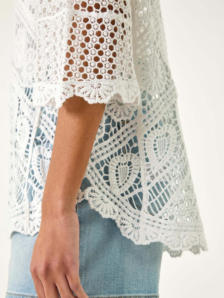 Blanco - Roman Crochet Lace V-Neck Open Knit 100% Cotton Blouses - Imagen 5 de 5