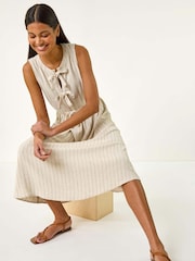 Roman Natural Pinstripe Bow Detail Midi Dress - Image 1 of 5