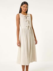 Roman Natural Pinstripe Bow Detail Midi Dress - Image 2 of 5