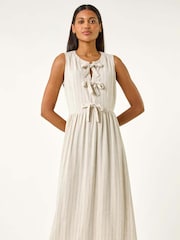 Roman Natural Pinstripe Bow Detail Midi Dress - Image 3 of 5
