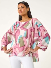 Roman Pink Abstract Print Overlay Tunic Top - Image 1 of 5