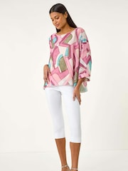 Roman Pink Abstract Print Overlay Tunic Top - Image 2 of 5