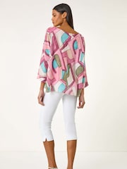 Roman Pink Abstract Print Overlay Tunic Top - Image 3 of 5