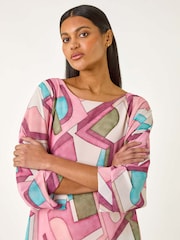 Roman Pink Abstract Print Overlay Tunic Top - Image 4 of 5