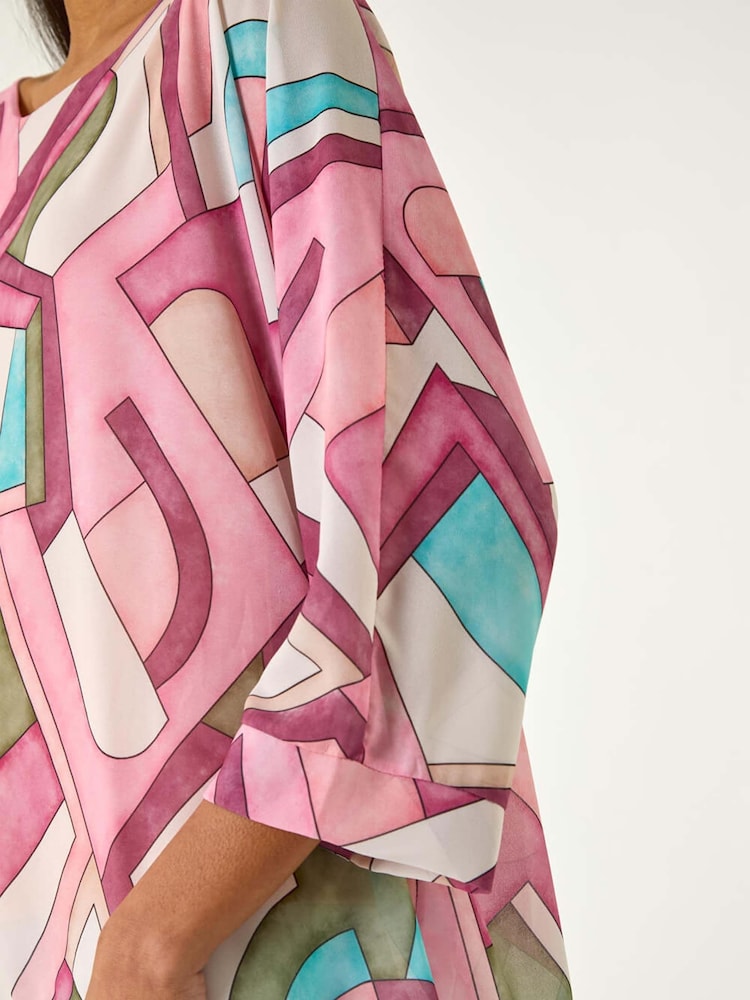 Roman Pink Abstract Print Overlay Tunic Top - Image 5 of 5