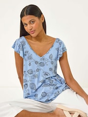 Roman Blue Floral Frill Shoulder Vest Top - Image 1 of 5