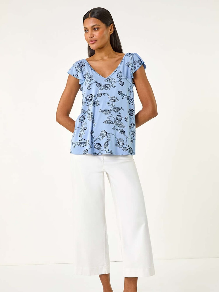 Roman Blue Floral Frill Shoulder Vest Top - Image 2 of 5