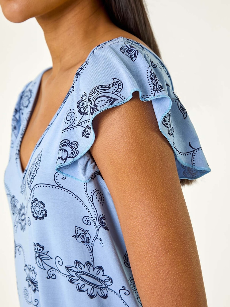 Roman Blue Floral Frill Shoulder Vest Top - Image 5 of 5