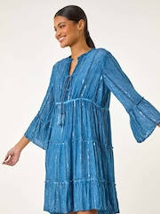Roman Blue Shimmer Tie Detail Smock Dress - Image 1 of 5