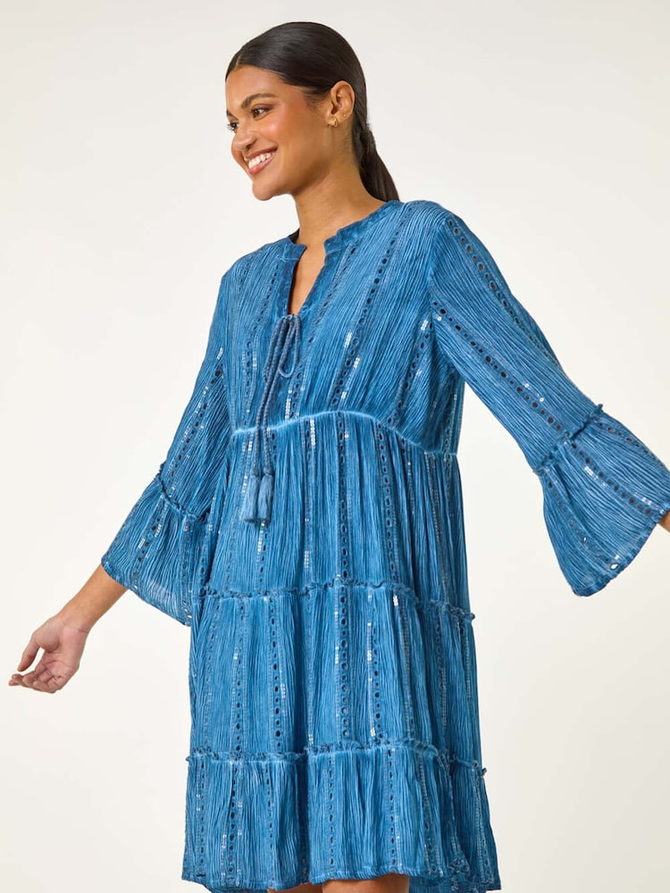 Roman Blue Shimmer Tie Detail Smock Dress - Image 1 of 5