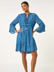 Roman Blue Shimmer Tie Detail Smock Dress - Image 2 of 5