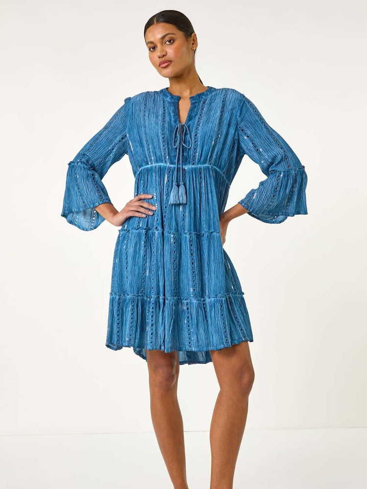 Roman Blue Shimmer Tie Detail Smock Dress - Image 2 of 5