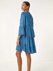 Roman Blue Shimmer Tie Detail Smock Dress - Image 3 of 5