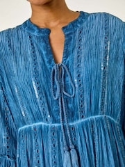 Roman Blue Shimmer Tie Detail Smock Dress - Image 5 of 5