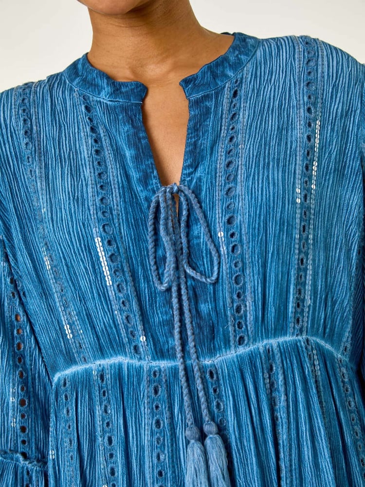 Roman Blue Shimmer Tie Detail Smock Dress - Image 5 of 5