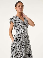Roman Black Petite Floral Print Button Frill Dress - Image 1 of 5