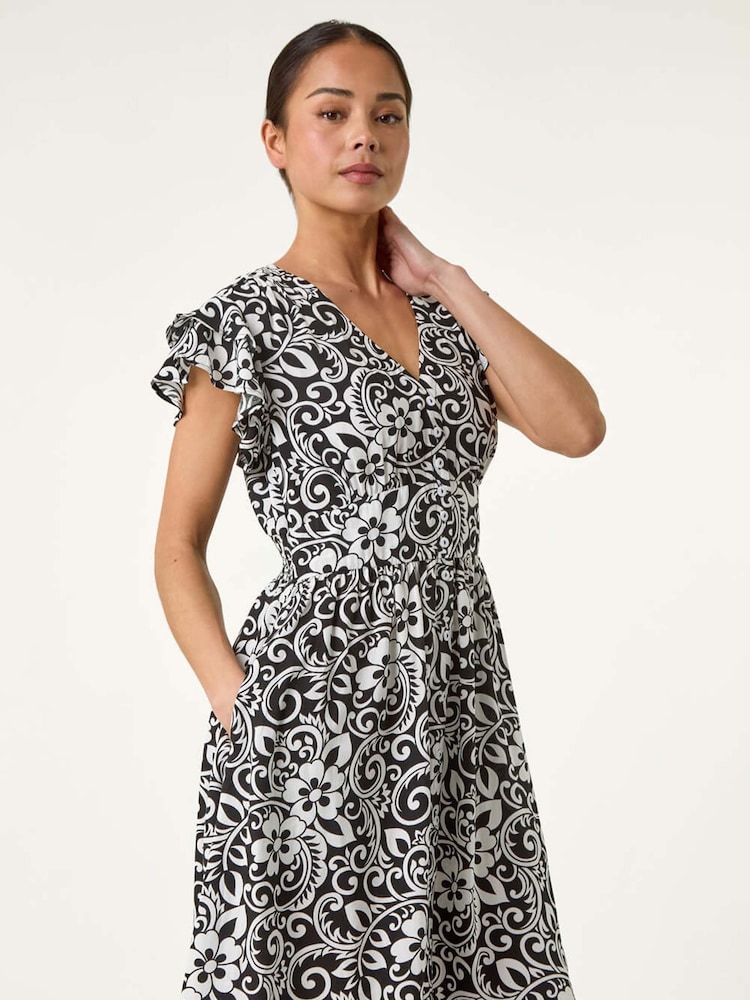 Roman Black Petite Floral Print Button Frill Dress - Image 1 of 5