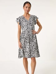Roman Black Petite Floral Print Button Frill Dress - Image 2 of 5