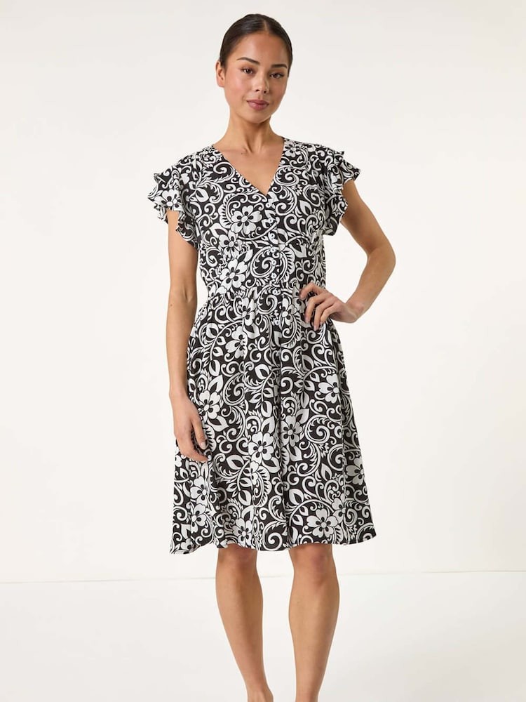 Roman Black Petite Floral Print Button Frill Dress - Image 2 of 5