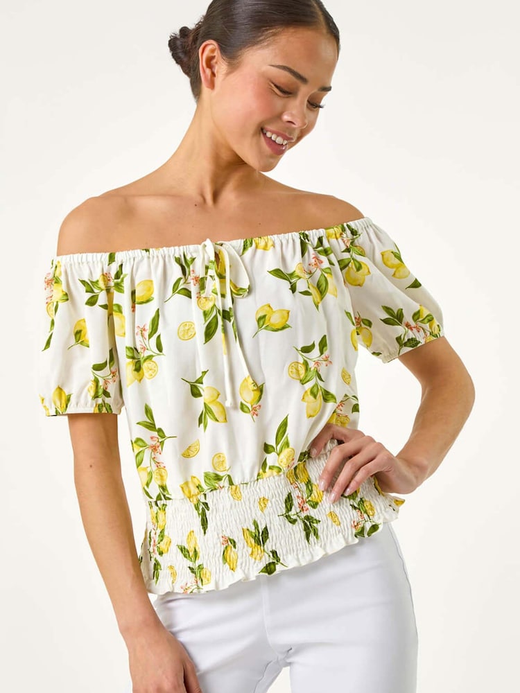 Roman White Petite Print Bardot Blouson Top - Image 1 of 5