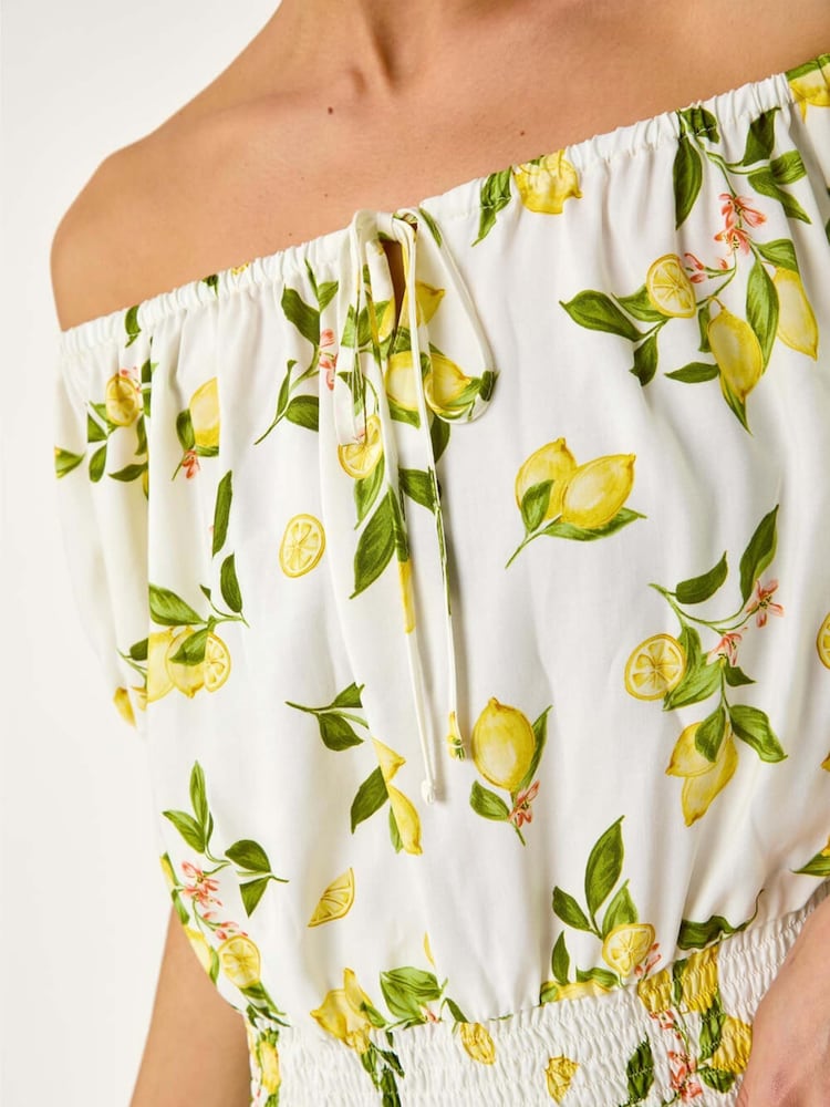 Roman White Petite Print Bardot Blouson Top - Image 2 of 5
