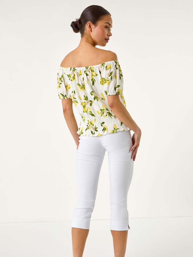 Roman White Petite Print Bardot Blouson Top - Image 3 of 5