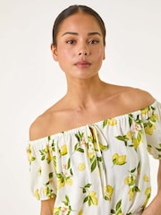 Roman White Petite Print Bardot Blouson Top - Image 4 of 5