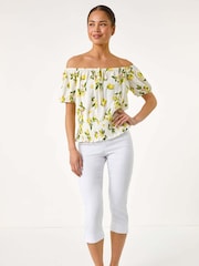 Roman White Petite Print Bardot Blouson Top - Image 5 of 5
