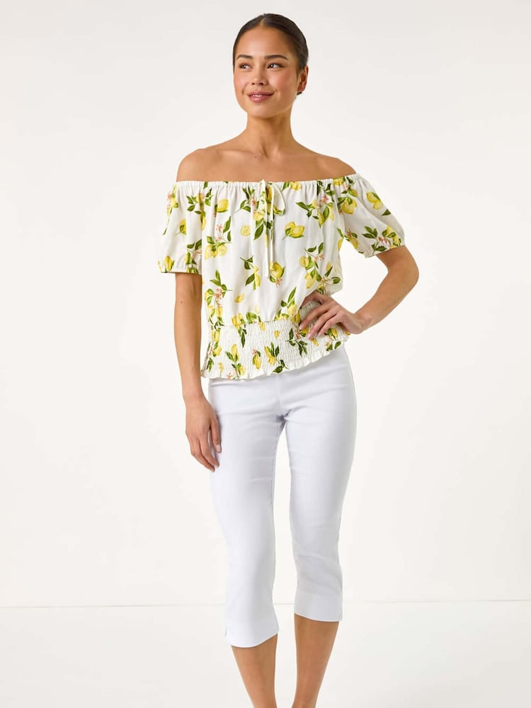 Roman White Petite Print Bardot Blouson Top - Image 5 of 5