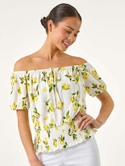 Roman White Petite Print Bardot Blouson Top - Image 5 of 5