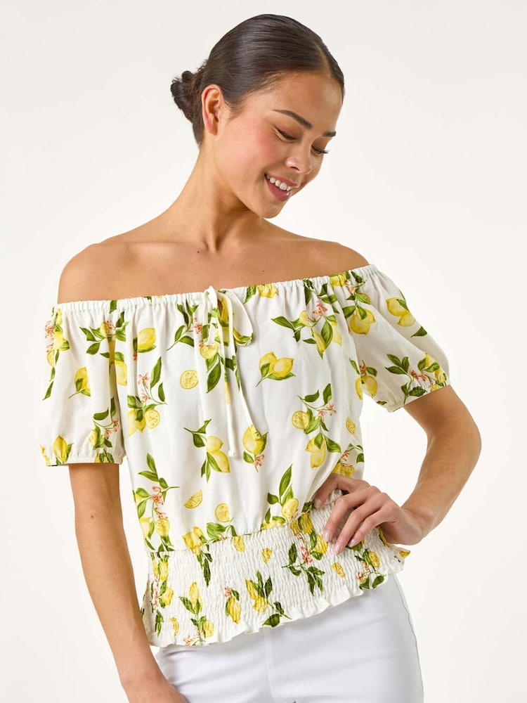 Roman White Petite Print Bardot Blouson Top - Image 5 of 5