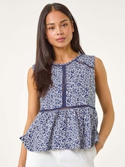 Roman Blue Petite Floral Print Trim 100% Cotton Vest Top - Image 1 of 5