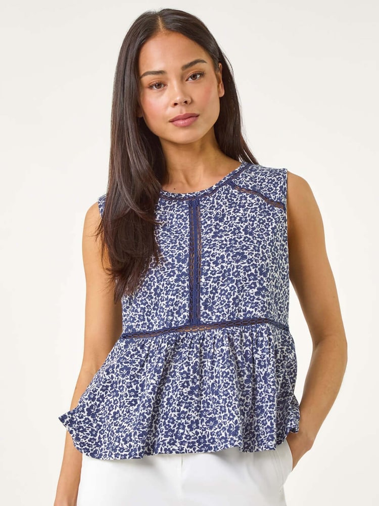 Roman Blue Petite Floral Print Trim 100% Cotton Vest Top - Image 1 of 5