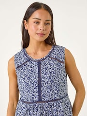 Roman Blue Petite Floral Print Trim 100% Cotton Vest Top - Image 4 of 5