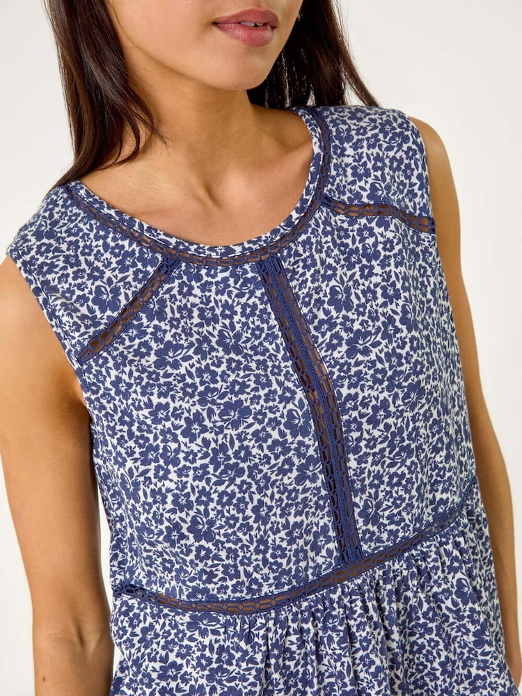 Roman Blue Petite Floral Print Trim 100% Cotton Vest Top - Image 5 of 5