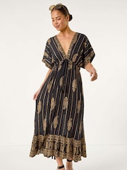 Roman Black Petite Foil Print Boho Maxi Dress - Image 2 of 5