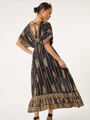 Roman Black Petite Foil Print Boho Maxi Dress - Image 3 of 5