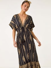 Roman Black Petite Foil Print Boho Maxi Dress - Image 4 of 5