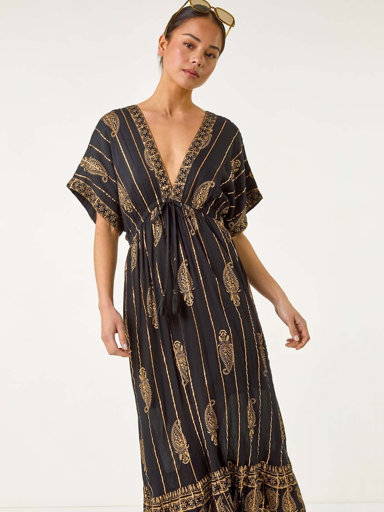 Roman Black Petite Foil Print Boho Maxi Dress - Image 4 of 5