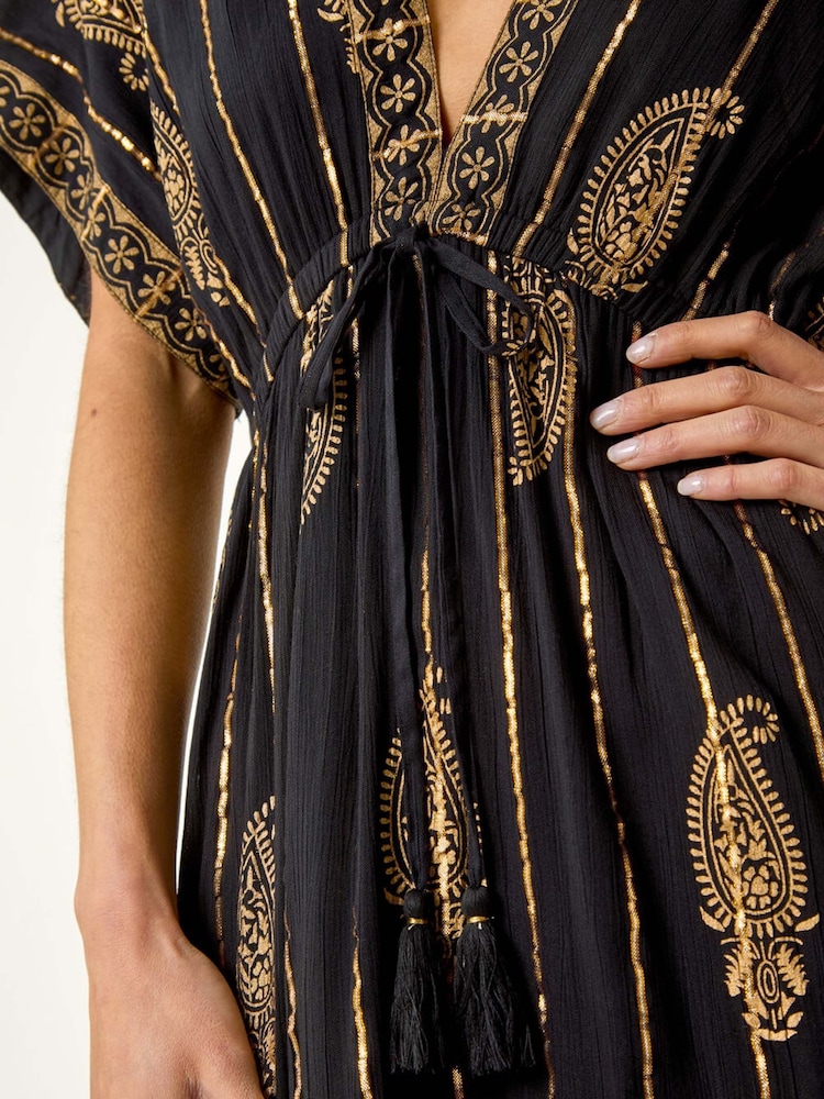 Roman Black Petite Foil Print Boho Maxi Dress - Image 5 of 5