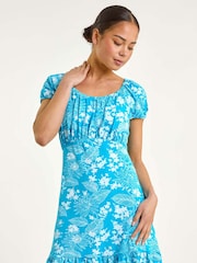 Roman Blue Petite Floral Print Frill Ruched Dress - Image 1 of 5