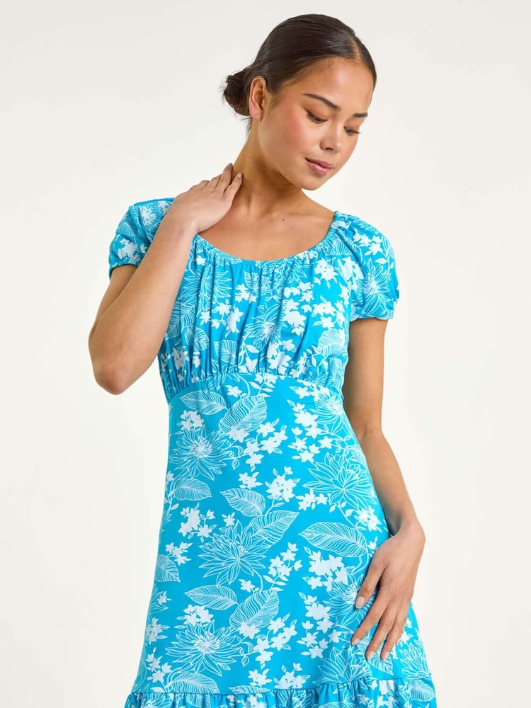 Roman Blue Petite Floral Print Frill Ruched Dress - Image 1 of 5