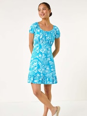 Roman Blue Petite Floral Print Frill Ruched Dress - Image 2 of 5