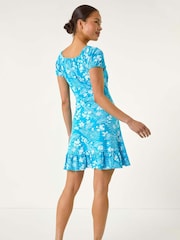 Roman Blue Petite Floral Print Frill Ruched Dress - Image 3 of 5