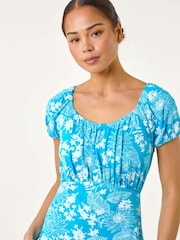 Roman Blue Petite Floral Print Frill Ruched Dress - Image 4 of 5
