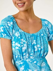 Roman Blue Petite Floral Print Frill Ruched Dress - Image 5 of 5