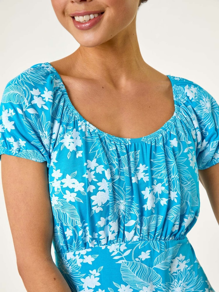 Roman Blue Petite Floral Print Frill Ruched Dress - Image 5 of 5