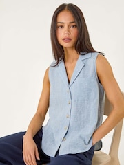 Roman Blue Petite Collared One Pocket Blouse - Image 1 of 5